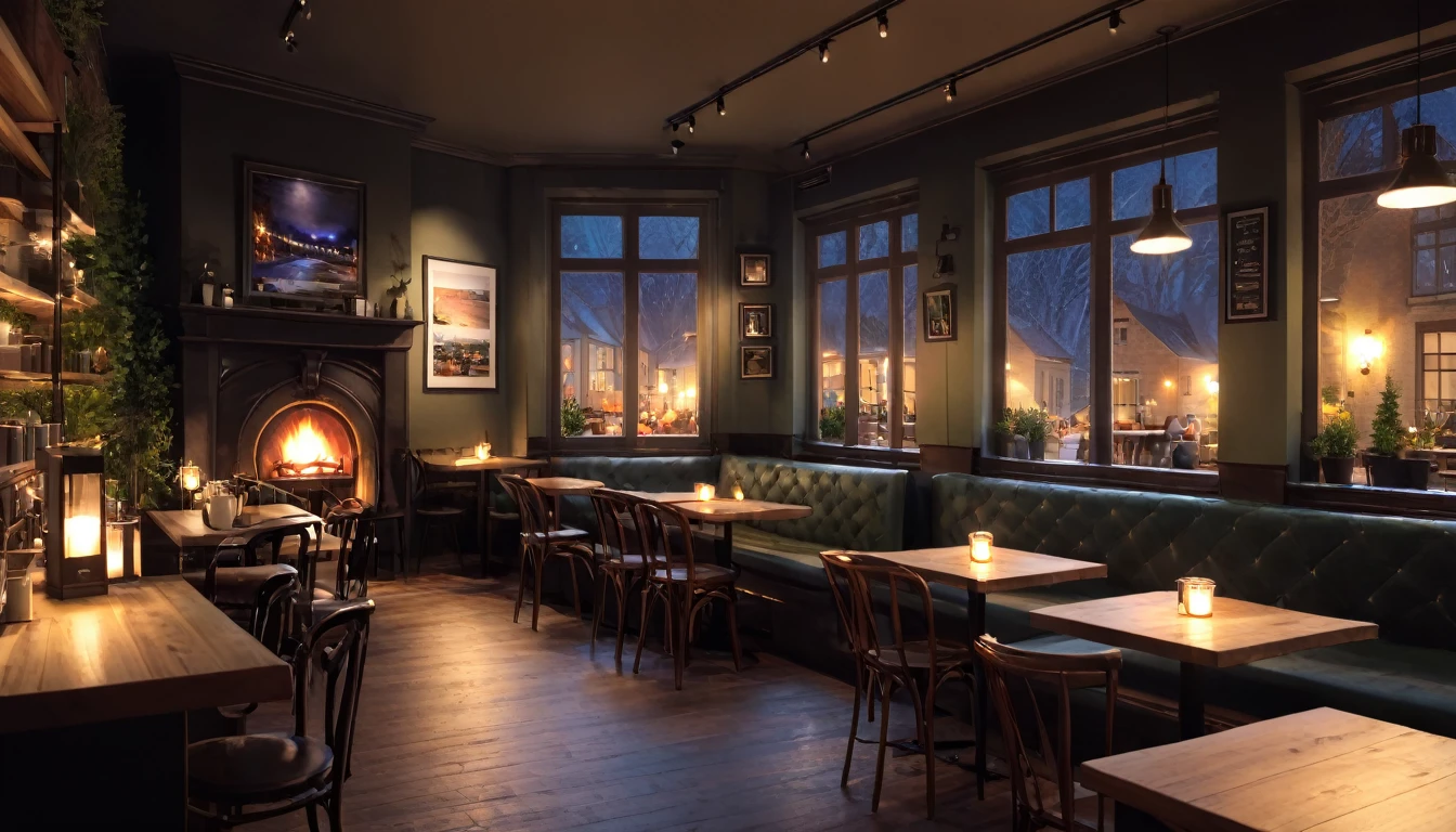at night a cozy coffeeshop with a lot of tables, a big window in the center and a fireplace