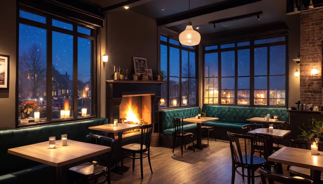 at night a cozy coffeeshop with a lot of tables, a big window in the center and a fireplace