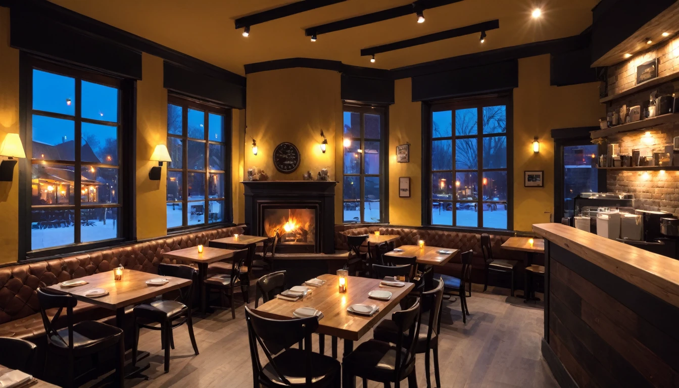 at night a cozy coffeeshop with a lot of tables, a big window in the center and a fireplace