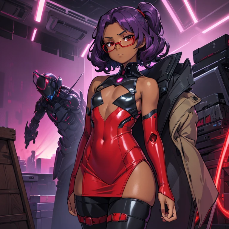 (masterpiece), (best quality), (high res) Solo, (perfect anatomy), (young girl ((((10 years old))), ((((dark skin)))), curly purple hair (shoulder length), red eyes, round eyeglasses, (skin tight long sleeved dress), (red high heels boots), (shirt), (super tight skirt), angry, (((flat chest))), in a futuristic setting with a red light, cyberpunk, cyber suit, best anime 4k, cybersuits, in a backstage