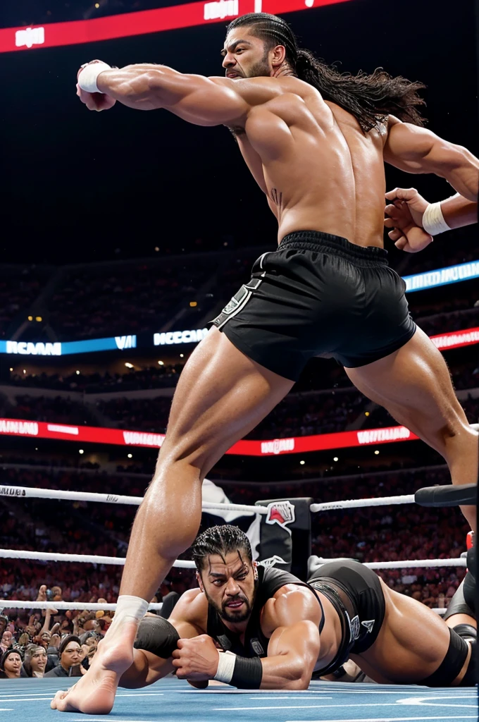 Very strong powerful roman reigns at his prime mode defeating rock at wrestlemania 41 las vegas alllegiant stadium