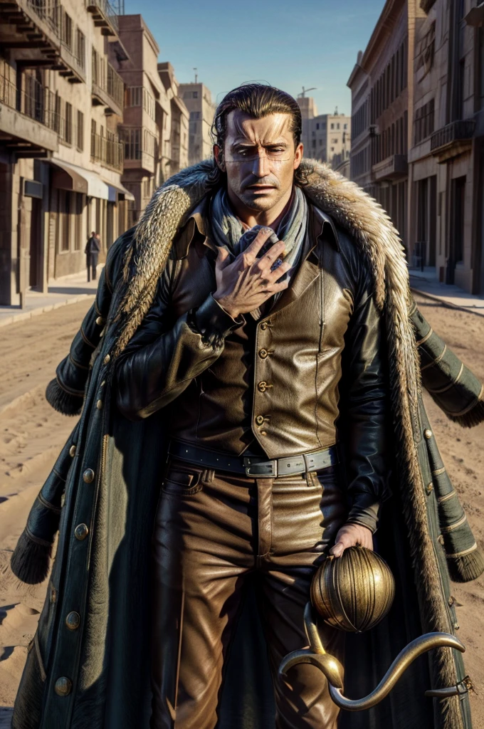 masterpiece, best quality, extremely detailed, hyperrealistic, photorealistic, a cool 40s man, ultra detailed face:1.2, fur-trimmed coat, scarf around the neck, his left hand is a golden pirate hook:1.1, desert, city, arm up, holding sack, outraged