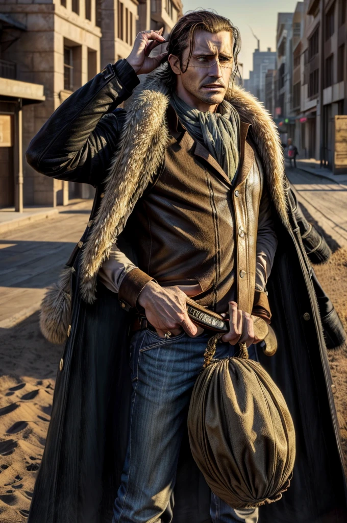 masterpiece, best quality, extremely detailed, hyperrealistic, photorealistic, a cool 40s man, ultra detailed face:1.2, fur-trimmed coat, scarf around the neck, his left hand is a golden pirate hook:1.1, desert, city, arm up, holding sack, outraged