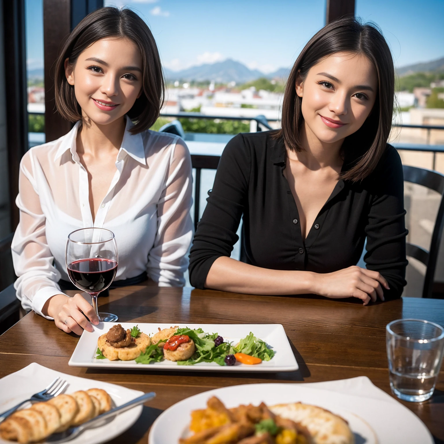 ((Highest quality、8K、masterpiece:1.3))、1 male 1 female、美女Couple、Pink Lover、Couple、The body is slim、((Bob Hale、Straight hair:1.2)), (Realistic, Intricate details:1.2), テーブルの上のwine glass、Put the light on your face、 Amazing view of the sunset sky and clouds、Amazing mountain views、A bright smile、The wonderfulness of smile、Bright image、The beauty of wine, Beautiful Face, blue eyes, The light shines on your face, Blushing, short hair,Bright Face、 (Age 37), 39 years old, red wine 、Appetizers、Italian food、Wine bottle、Champagne、sparkling wine、Two beauties、Brown Hair、Shortcuts、Long sleeve shirt、dress、Beautiful woman 1, (slimな顔), (The body is slim), (Brown Hair), (Shortcuts), cheeks turn a little red,Attractive beauty、restaurant, In a prominent place (From the waist up) Nova Frog Style, actress, model, Upper Body, White wine, slim, wine glass, 中央に置かれたwine glass, smile, (smile: 1.15), Beautiful fine grain, Depth f/2,saturation, High Contrast, Strong light and shadow,Moist Body:1.5、3D texture、Delicate eyes、Brown Hair、The hair is very shiny、