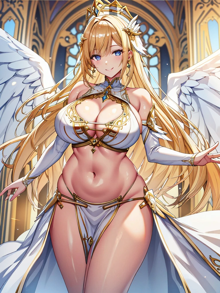 A priestess in a traditional white bikini,Valkyrie,Angel Wings,belly button,Side bust,Complex,Particles of light,Thighs,Shiny skin, 口を開けたsmile、Plump、Perfect lighting, One adult woman, Pelvic curtain looking at the viewer, smile,(masterpiece), (Highest quality), Very large breasts, maternal, Porcelain-like skin, Honey Blonde Hair, Very long straight hair