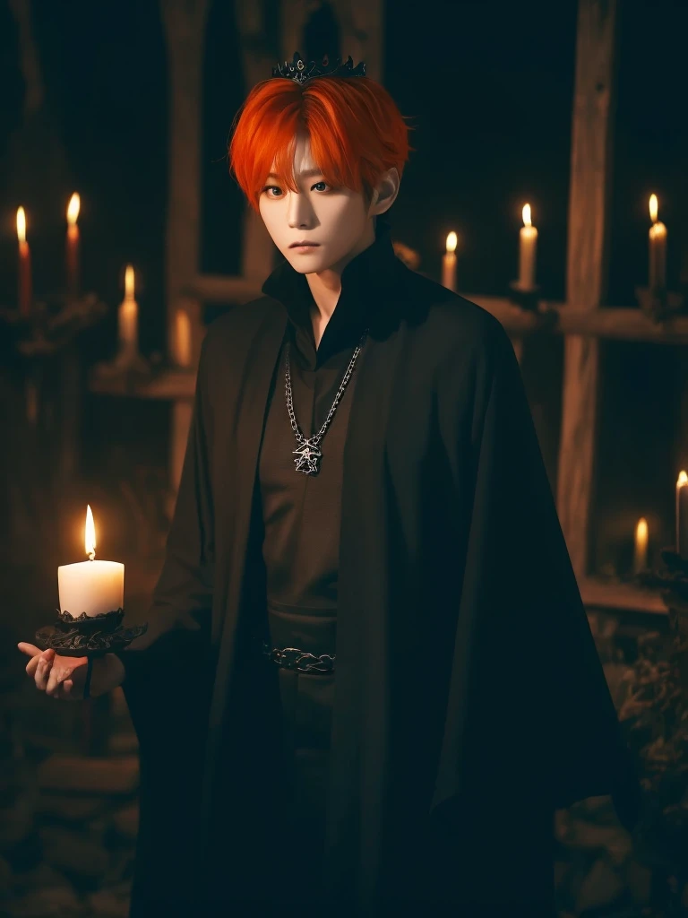 Hyunjun hur actor and kpop idol more realism in hair and clothing hair orange, Generate an image of a Korean Kpop idol with bright orange hair, dressed in a black shirt and a tunic of the same color, surrounded by dark witches and warlocks in a coven. The background must be dark and gloomy, lleno de velas y witchcraft symbols.Create a visual representation of a Korean Kpop actor, with a spinal crown on his head, dressed in a black tunic and black shirt in a coven setting. Around it, dark witches casting curses, with a shadowy forest full of candles as a backdrop.Produces an image where a Korean Kpop idol, recognizable by his bright orange hair, is immersed in an environment of witchcraft and curse. He is dressed in a black tunic and a dark shirt, surrounded by wizards and witches in a dark forest full of magical symbols.Korean kpop idol actor who is dressed in a black shirt, black tunic, with a crown of thorns on his head, he is in a witches coven, all dark witches, curse and witchcraft, the background that is dark dark, a black background in a forest full of candles and spells, witchcraft symbols, bright orange hair amidst candles at a coven.
