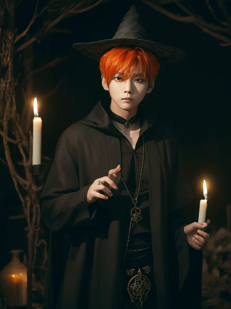 Hyunjun hur actor and kpop idol more realism in hair and clothing hair orange, Generate an image of a Korean Kpop idol with bright orange hair, dressed in a black shirt and a tunic of the same color, surrounded by dark witches and warlocks in a coven. The background must be dark and gloomy, lleno de velas y witchcraft symbols.Create a visual representation of a Korean Kpop actor, with a spinal crown on his head, dressed in a black tunic and black shirt in a coven setting. Around it, dark witches casting curses, with a shadowy forest full of candles as a backdrop.Produces an image where a Korean Kpop idol, recognizable by his bright orange hair, is immersed in an environment of witchcraft and curse. He is dressed in a black tunic and a dark shirt, surrounded by wizards and witches in a dark forest full of magical symbols.Korean kpop idol actor who is dressed in a black shirt, black tunic, with a crown of thorns on his head, he is in a witches coven, all dark witches, curse and witchcraft, the background that is dark dark, a black background in a forest full of candles and spells, witchcraft symbols, bright orange hair amidst candles at a coven. 