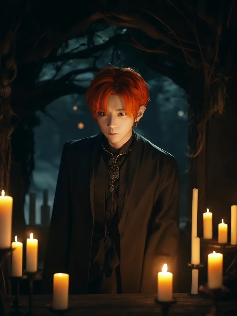 Hyunjun hur actor and kpop idol more realism in hair and clothing hair orange, Generate an image of a Korean Kpop idol with bright orange hair, dressed in a black shirt and a tunic of the same color, surrounded by dark witches and warlocks in a coven. The background must be dark and gloomy, lleno de velas y witchcraft symbols.Create a visual representation of a Korean Kpop actor, with a spinal crown on his head, dressed in a black tunic and black shirt in a coven setting. Around it, dark witches casting curses, with a shadowy forest full of candles as a backdrop.Produces an image where a Korean Kpop idol, recognizable by his bright orange hair, is immersed in an environment of witchcraft and curse. He is dressed in a black tunic and a dark shirt, surrounded by wizards and witches in a dark forest full of magical symbols.Korean kpop idol actor who is dressed in a black shirt, black tunic, with a crown of thorns on his head, he is in a witches coven, all dark witches, curse and witchcraft, the background that is dark dark, a black background in a forest full of candles and spells, witchcraft symbols, bright orange hair amidst candles at a coven. 