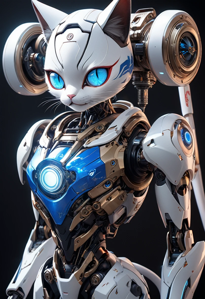 Ultra-high definition 3D CG concept art.Highly detailed portrait of a realistic robot cat,The robot has a round, irregularly shaped head no ears, stylish two-eyed face that glows red.The body is slim and stylish, with a pocket on the abdomen for storing weapons, He has a stylish red collar and a golden bell around his neck. The legs are bipedal humanoid,The color is Blue and white two-tone colour 、The face abdomen and legs are stylishly painted in white.In one hand she holds a slim pink flashlight-like weapon.Black background、The weapon emits an eerie blue light.The stylish depiction of the robot, the realism of each part of the mechanism, the texture and shine of the body and mechanism、Cinematic lighting, ultra-fine painting, physically based lettering,(Masterpiece, Best Quality, 16k), Ultra Super Fine View,Ultra detail,