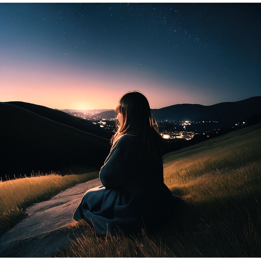 Beautiful woman、Japanese、best quality、8hair、original photo、Dream、want to、night、Invalid、Rear view、星Invalid、nightの風景、imitate、Sit on the hill、Rear view、
