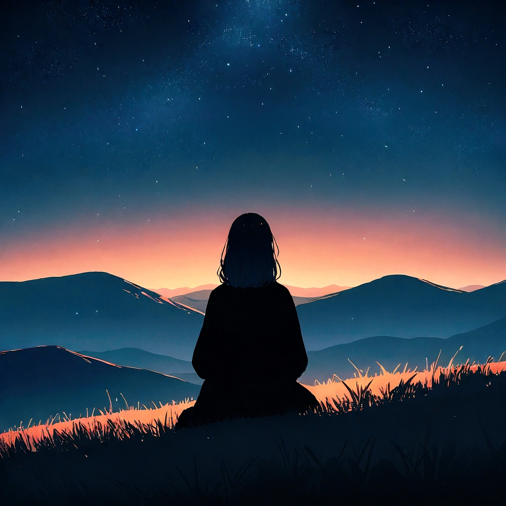 Beautiful woman、Japanese、best quality、8hair、original photo、Dream、want to、night、Invalid、Rear view、星Invalid、nightの風景、imitate、Sit on the hill、Rear view、