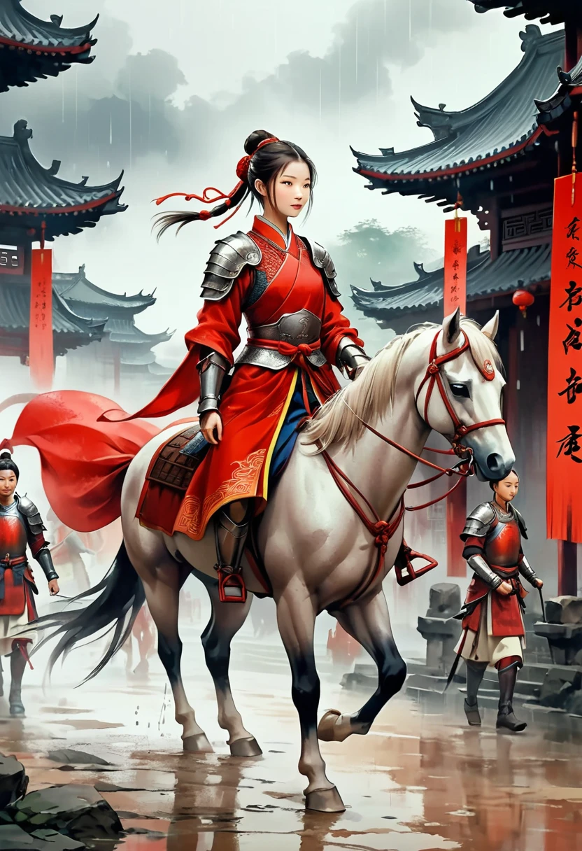 There is light rain under the sky, with elegant colors.A young ancient Chinese girl, with her hair tied up high, dressed in red and ancient armor, leading a horse, the background is the lively fair,the big scene, the big scene,Atmospheric , in style of faint watercolor