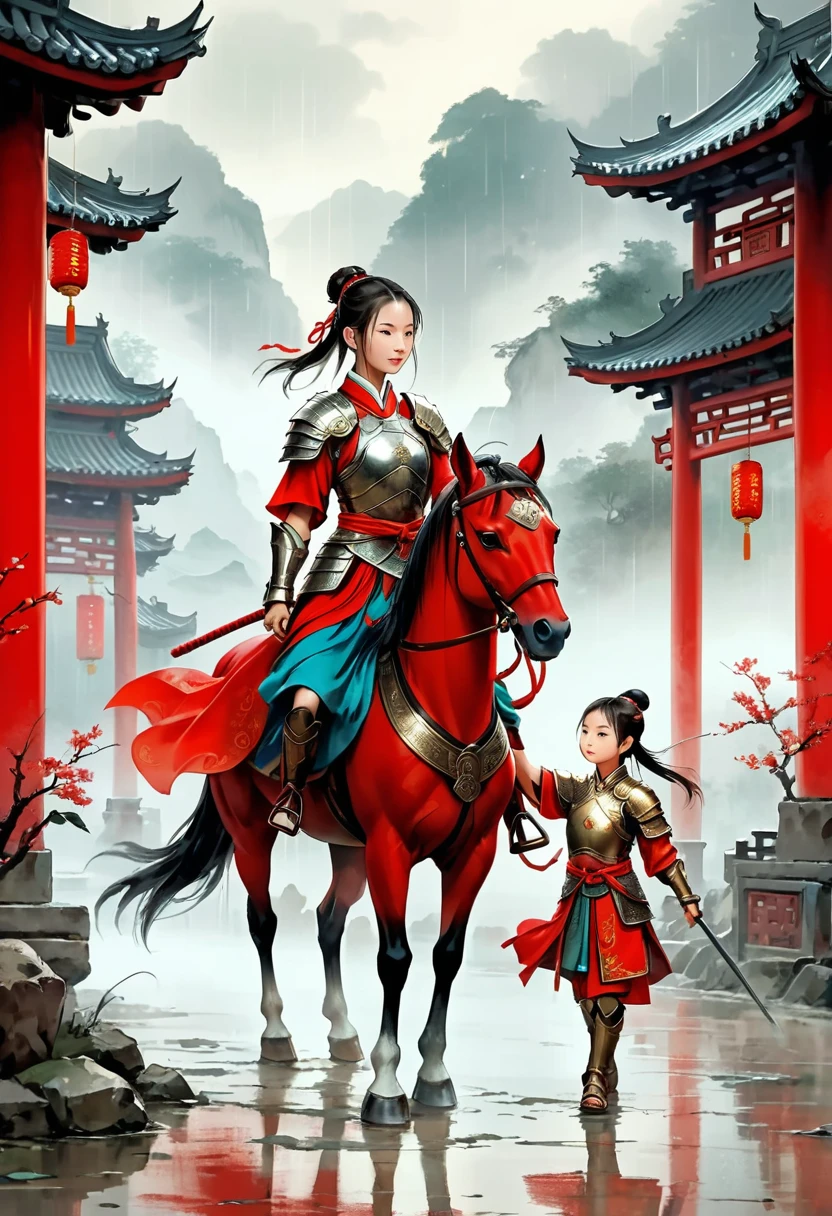 There is light rain under the sky, with elegant colors.A young ancient Chinese girl, with her hair tied up high, dressed in red and ancient armor, leading a horse, the background is the lively fair,the big scene, the big scene,Atmospheric , in style of faint watercolor
