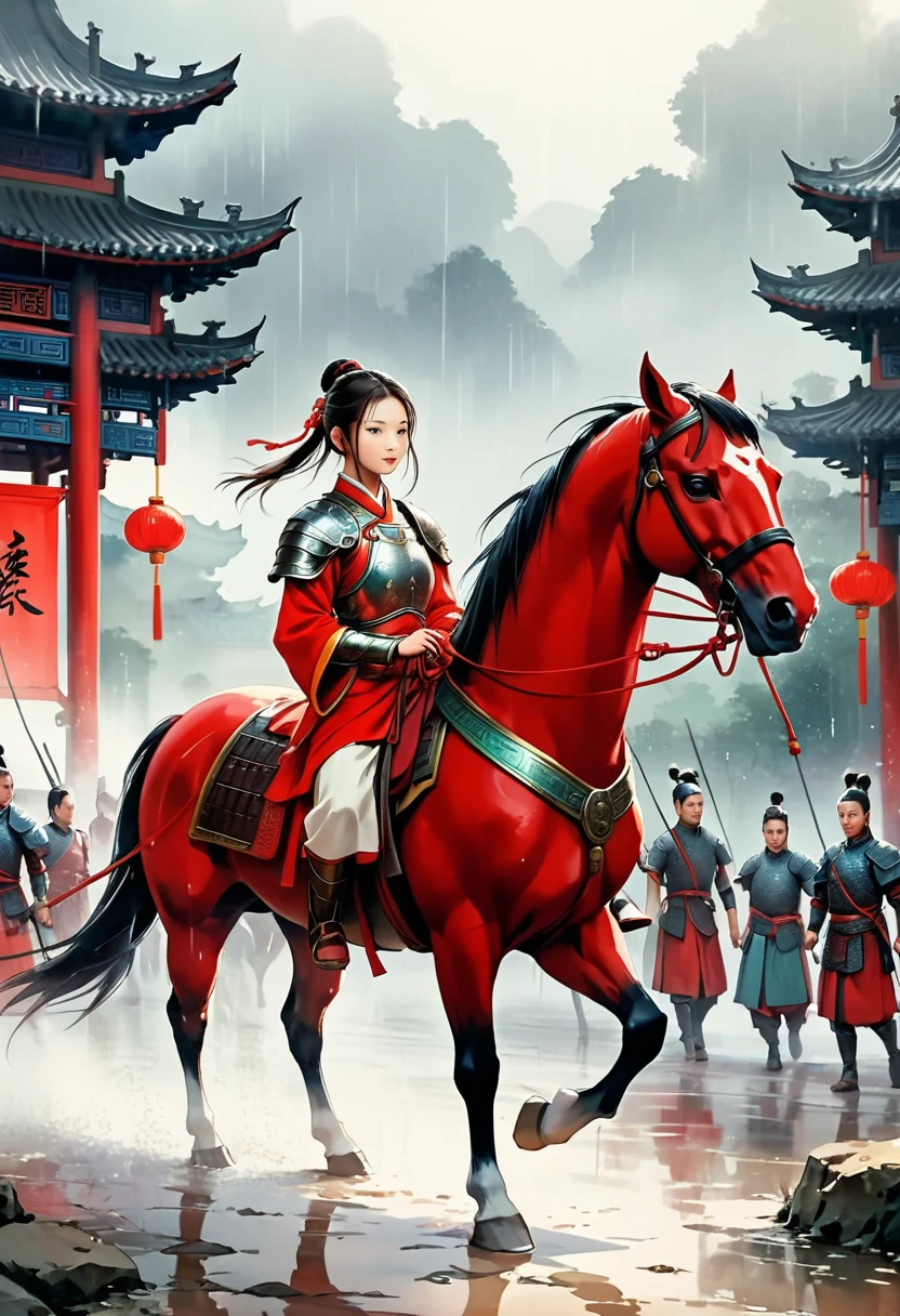 There is light rain under the sky, with elegant colors.A young ancient Chinese girl, with her hair tied up high, dressed in red and ancient armor, leading a horse， the background is the lively fair,the big scene, the big scene,Atmospheric , in style of faint watercolor