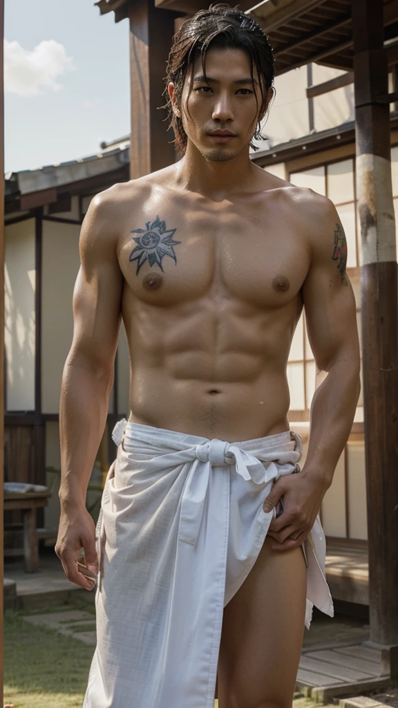 Watercolor painting of a handsome Japanese man Wearing thin loincloths, wet samurai, tattoos, warm sun, rural atmosphere. 