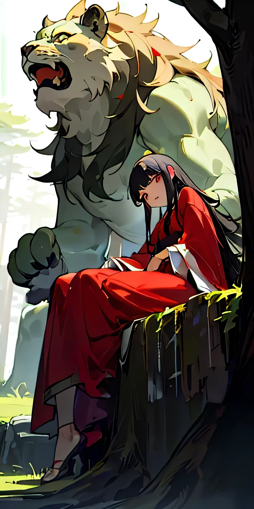 (masterpiece, best quality),1. Bottom view,Big Perspective,Giant trees,A huge tree background,Big scene,Bigger scene,A moss-covered stone lion under a tree,A girl with long white hair sits on the stone steps under the Giant trees,Sitting in front of a huge stone lion statue, her hand under her chin, Cool lighting, Dressed in a red robe,Dark and humid environment