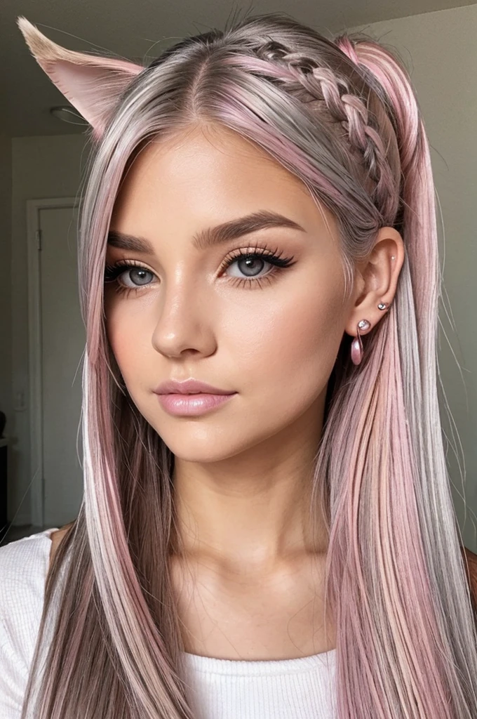 Photo Info: Beautiful, perfect photo, HD, top-quality, masterpiece, perfect hands, cowboy shot, (((Medium-long straight silver hair))), (((middle part))), goes over shoulders, (((pink highlights))) , ponytail, round ears, multiple ear piercings (lobe, helix, and orbital ear piercings),short, cute, lots of makeup, blush on cheeks, long lashes, large doe eyes. 1person, black eyes