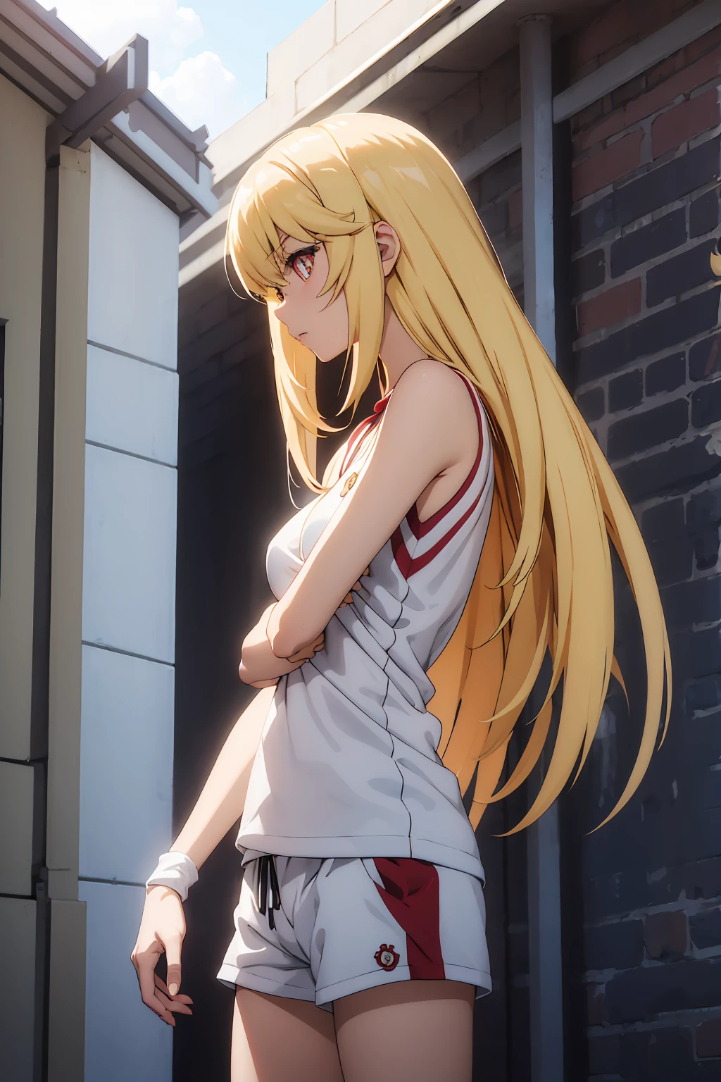 NSFW Highest quality, (masterpiece:1.2),misakishokuhou, misaki shokuhou, blonde, Hair between the eyes, Long Hair, (Symbol-shaped pupil:1.5)++, (Big Breasts), break bare shoulders, gloves, gym shirt, gym Shorts, Gym suit, shirt, short Shorts, Shorts, Sleeveless, Sleeveless shirt, Knee socks, tokiwadai school Gym suit, white gloves, white shirt, white Shorts, white Knee socks, break outdoor, city, null, sun, cloud, break looking at viewer, (Cowboy Shot:1.5), break (masterpiece:1.2), Highest quality, High resolution, unity 8k wallpaper, (shape:0.8), (Beautiful attention to detail:1.6), Highly detailed face, Perfect lighting, Extremely detailed CG, (Perfect hands, Perfect Anatomy),shirtリフト {{topless}}++ Completely naked