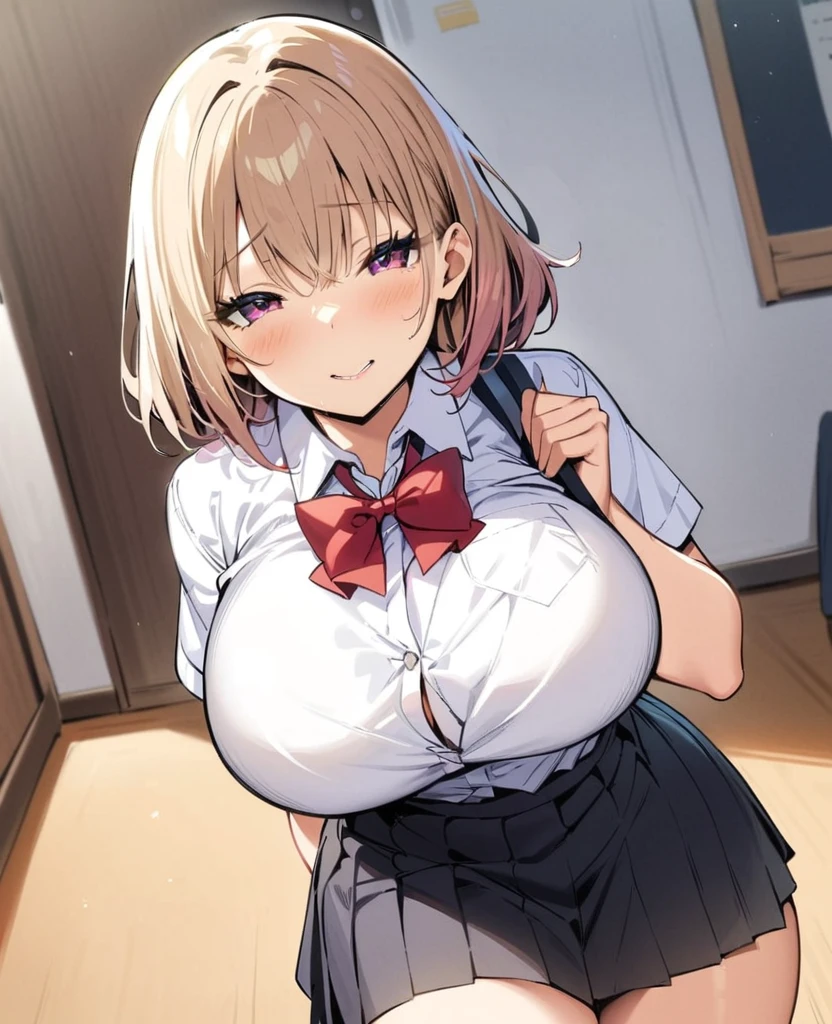 (best quality:1.2),ultra-detailed,highres,masterpiece,1girl , ,huge tit，blush, medium breast, JK ,school uniforms
