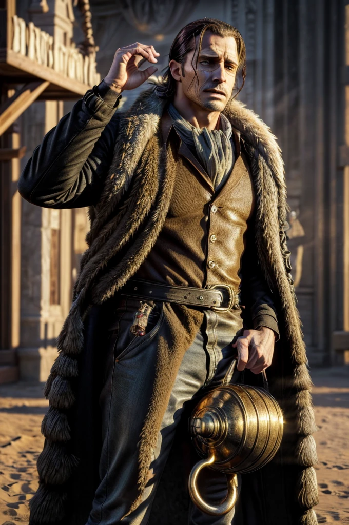 masterpiece, best quality, extremely detailed, hyperrealistic, photorealistic, a cool 40s man, ultra detailed face:1.2, fur-trimmed coat, scarf around the neck, his left hand is a golden pirate hook:1.1, desert, city, arm up, holding sack, outraged