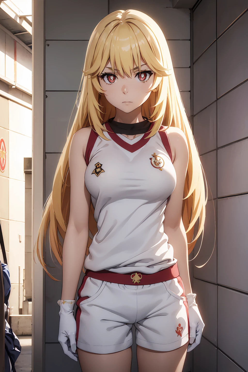 NSFW Highest quality, (masterpiece:1.2),misakishokuhou, misaki shokuhou, blonde, Hair between the eyes, Long Hair, (Symbol-shaped pupil:1.5)＋＋, (Big Breasts), break bare shoulders, gloves, gym shirt, gym Shorts, Gym suit, shirt, short Shorts, Shorts, Sleeveless, Sleeveless shirt, Knee socks, tokiwadai school Gym suit, white gloves, white shirt, white Shorts, white Knee socks, break outdoor, city, null, sun, cloud, break looking at viewer, (Cowboy Shot:1.5), break (masterpiece:1.2), Highest quality, High resolution, unity 8k wallpaper, (shape:0.8), (Beautiful attention to detail:1.6), Highly detailed face, Perfect lighting, Extremely detailed CG, (Perfect hands, Perfect Anatomy),{{shirtリフト}}　{{topless}}