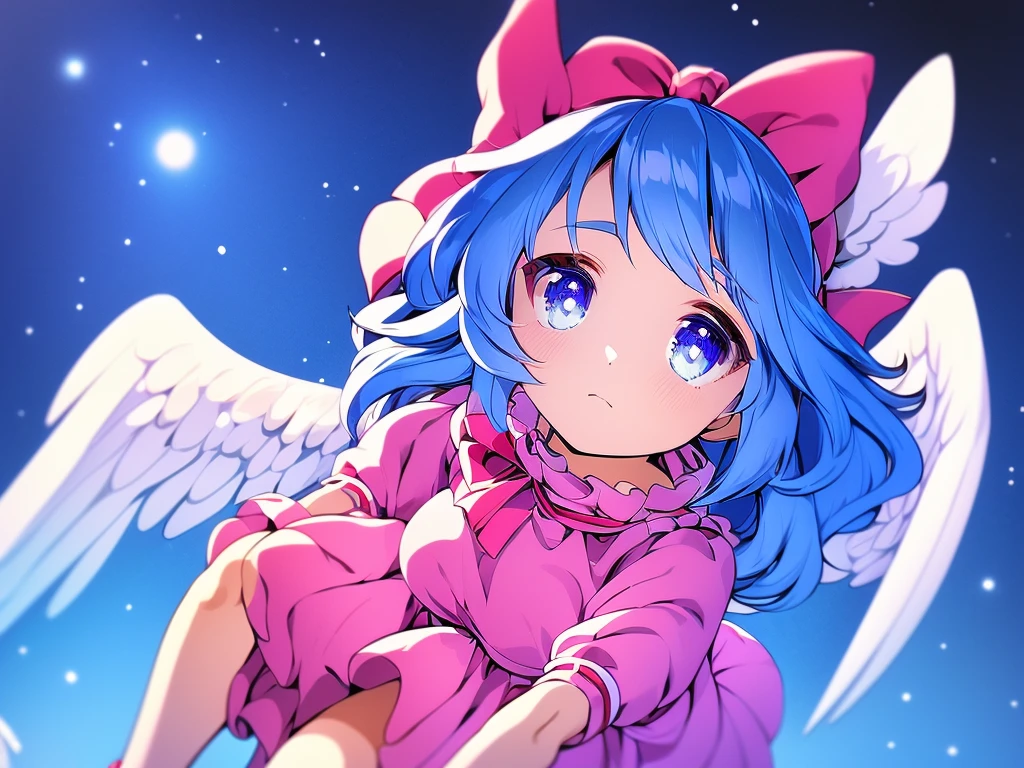 masterpiece, best quality, 1girl, , , , medium blue hair, hair flaps, pink ribbon on head, well-formed face, blue eyes, angel girl, white blouse, puffy short sleeves, red ribbon, angel wings, long white skirt, red shoes, frills, ribbon head