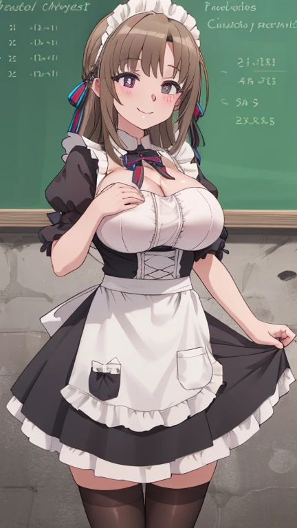your mother, 1 Girl, Solitary, Large Breasts(((Full and soft breasts,)))(((Huge breasts))) (((Cleavage))) (Perfect curvy figure), Smile, French maid outfit, Ruffles, apron, High Leg Raise, perfect quality, high quality, masterpiece, Human Development Report, Ultra HD
