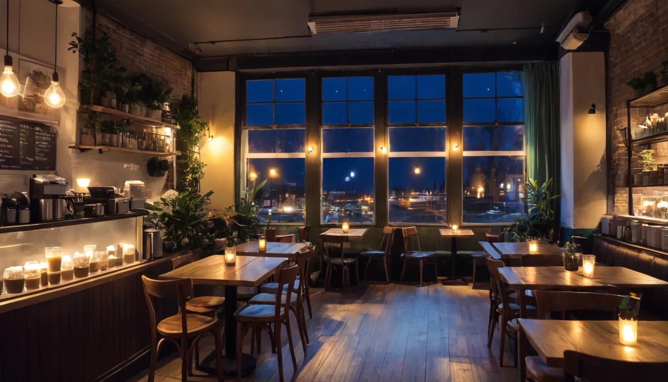 at night a cozy coffeeshop with a lot of tables, a big window in the center