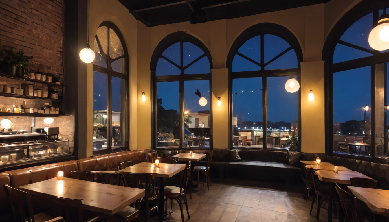at night a cozy coffeeshop with a lot of tables, a big window in the center