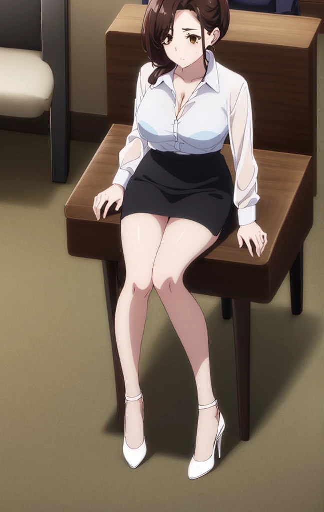 Highest quality, High resolution, From above, (avert your eyes:1.2), Junior-chan, One girl, Brown Hair, Brown eyes, Long Hair, Mole under the eye, Large Breasts, Black Hair, bangs, skirt shirt, Cleavage, clavicle, (See-through white shirt:1.5), pantyhose, indoor, High heels, Pencil Skirt, High Waist Skirt, office, Focus Only, Cowboy Shot, window, Chair, Sitting,(Wide legged:1.5), Low Ponytail、Show your underwear