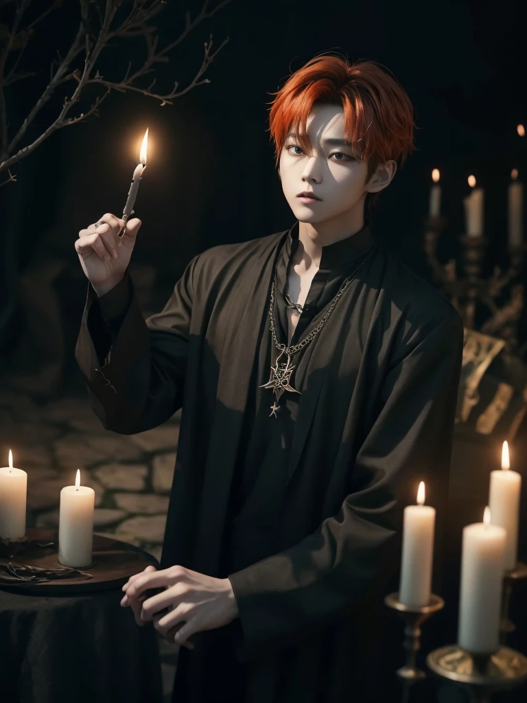 Hyunjun hur actor and kpop idol more realism in hair and clothing hair orange, Generate an image of a Korean Kpop idol with bright orange hair, dressed in a black shirt and a tunic of the same color, surrounded by dark witches and warlocks in a coven. The background must be dark and gloomy, lleno de velas y witchcraft symbols.Create a visual representation of a Korean Kpop actor, with a spinal crown on his head, dressed in a black tunic and black shirt in a coven setting. Around it, dark witches casting curses, with a shadowy forest full of candles as a backdrop.Produces an image where a Korean Kpop idol, recognizable by his bright orange hair, is immersed in an environment of witchcraft and curse. He is dressed in a black tunic and a dark shirt, surrounded by wizards and witches in a dark forest full of magical symbols.Korean kpop idol actor who is dressed in a black shirt, black tunic, with a crown of thorns on his head, he is in a witches coven, all dark witches, curse and witchcraft, the background that is dark dark, a black background in a forest full of candles and spells, witchcraft symbols, bright orange hair amidst candles at a coven. 