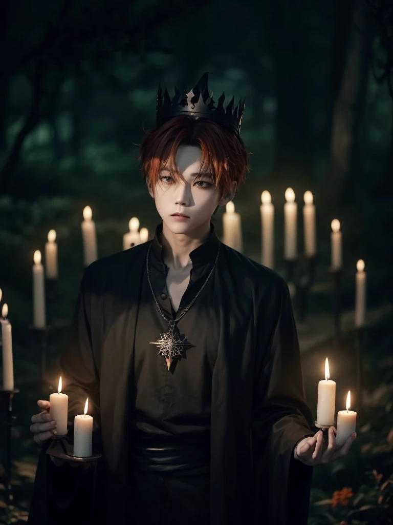 Hyunjun hur actor and kpop idol more realism in hair and clothing hair orange, Generate an image of a Korean Kpop idol with bright orange hair, dressed in a black shirt and a tunic of the same color, surrounded by dark witches and warlocks in a coven. The background must be dark and gloomy, lleno de velas y witchcraft symbols.Create a visual representation of a Korean Kpop actor, with a spinal crown on his head, dressed in a black tunic and black shirt in a coven setting. Around it, dark witches casting curses, with a shadowy forest full of candles as a backdrop.Produces an image where a Korean Kpop idol, recognizable by his bright orange hair, is immersed in an environment of witchcraft and curse. He is dressed in a black tunic and a dark shirt, surrounded by wizards and witches in a dark forest full of magical symbols.Korean kpop idol actor who is dressed in a black shirt, black tunic, with a crown of thorns on his head, he is in a witches coven, all dark witches, curse and witchcraft, the background that is dark dark, a black background in a forest full of candles and spells, witchcraft symbols, bright orange hair amidst candles at a coven. 