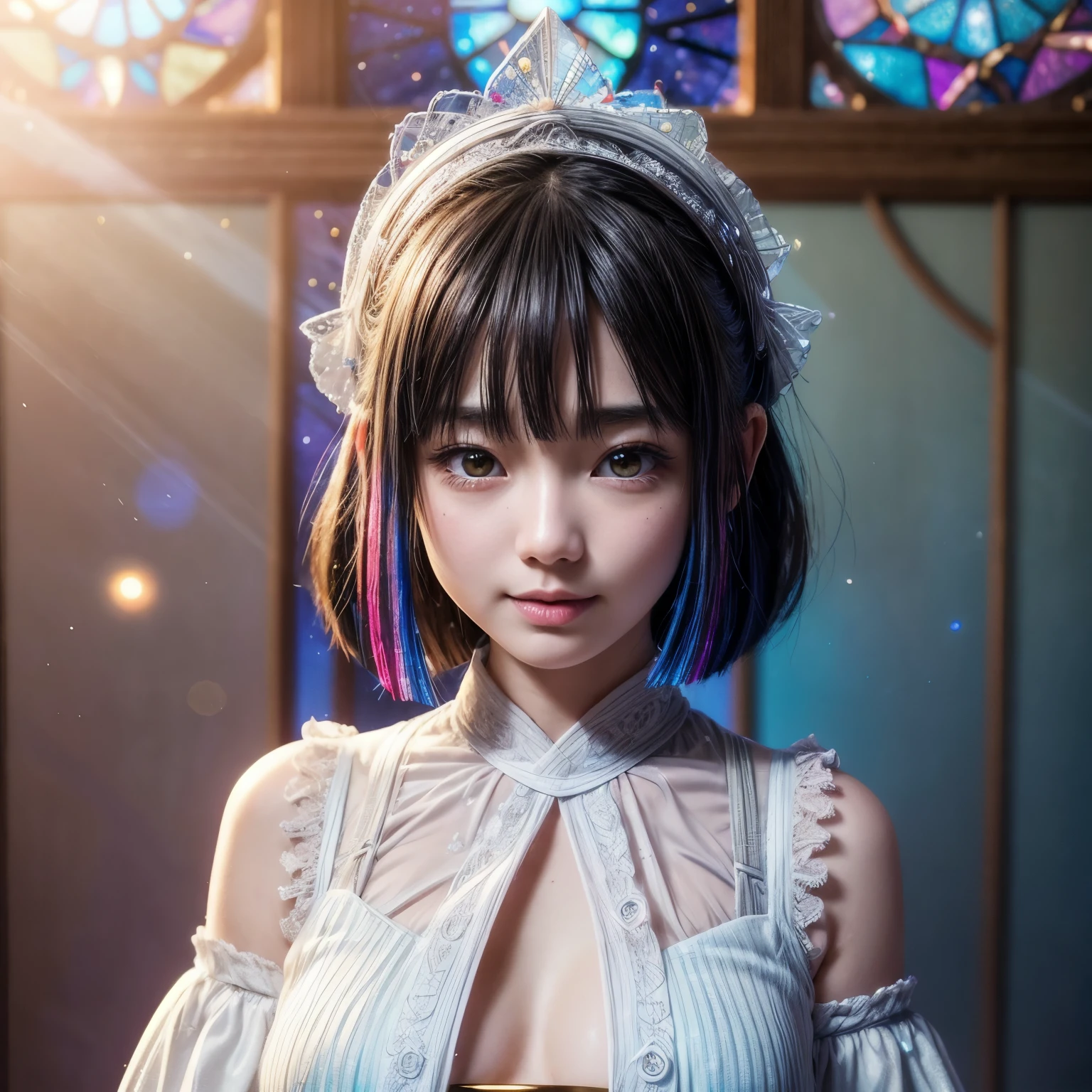 SFW, concept art, ExtremelyDetailed Tiny junior idol, Delicate lace knitted white clothes, (nipple:-0.9), face closeup, ((Dazzling stained glass Background)), (((Renbutsu Misako), colorful Light shines through stunning elaborate stained glass:1.2, RainbowColored Photon Particles, lens flare, light Particle)), (Acutance:0.8). (masterpiece:1.2),(ultra-detailed:1.37), (Photorealistic RAW photo-realistic:1.37), (Extremely detailed KAWAII face variations, innocent joyful expression variations), PUNIPUNI rosy cheeks, ElaboratePupils detailed eyes with (sparkling highlights:1.28), (Voluminous LongEyelashes, subtle blush on the face. Mystic sight, haze, Radiant PearlSkin with Transparency, Glowing DowneyHair, CaptivatingGaze, ((Dynamic-angle, physically-based rendering)) . (((not Detailed fingers:-0.9))) .