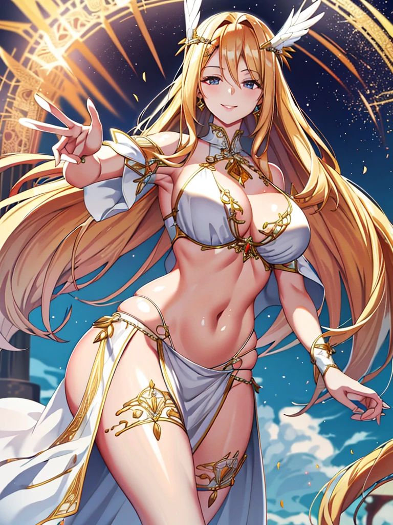 A priestess in a traditional white bikini,Valkyrie,Angel Wings,belly button,Side bust,Complex,Particles of light,Thighs,Shiny skin, 口を開けたsmile、Plump、Perfect lighting, One adult woman, Pelvic curtain looking at the viewer, smile,(masterpiece), (Highest quality), maternal, Porcelain-like skin, Honey Blonde Hair, Very long straight hair