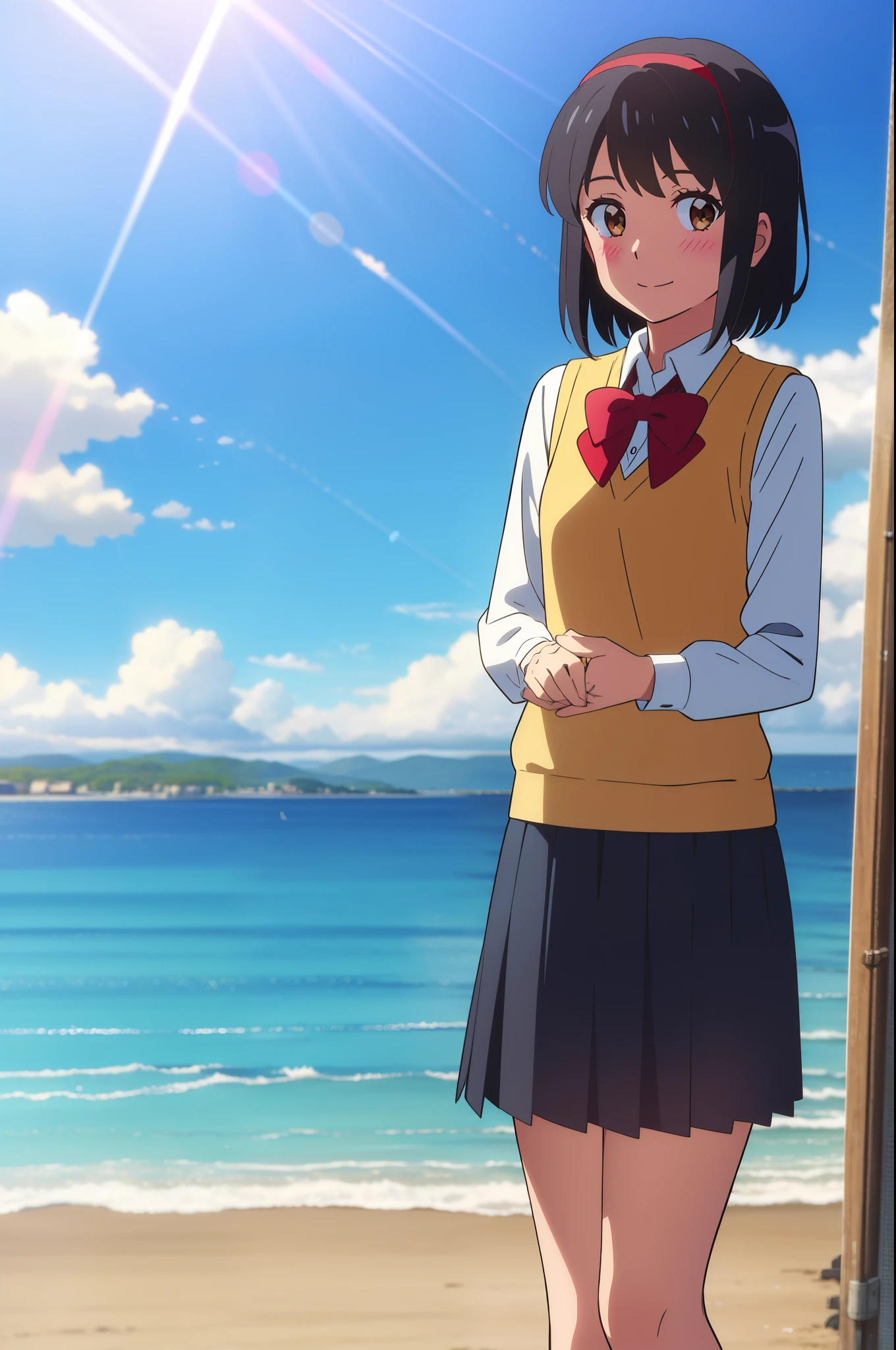 shinkai makoto, kimi no na wa., 1girl, bangs, black hair, blush, brown eyes, shinny skin, red headband, red ribbon, red bow, collared shirt, white shirt, yellow sweater vest, blue skirt, looking at the viewer, short hair, cute, smile, solo, outdoors, summer, beach, cloudy, sunlight