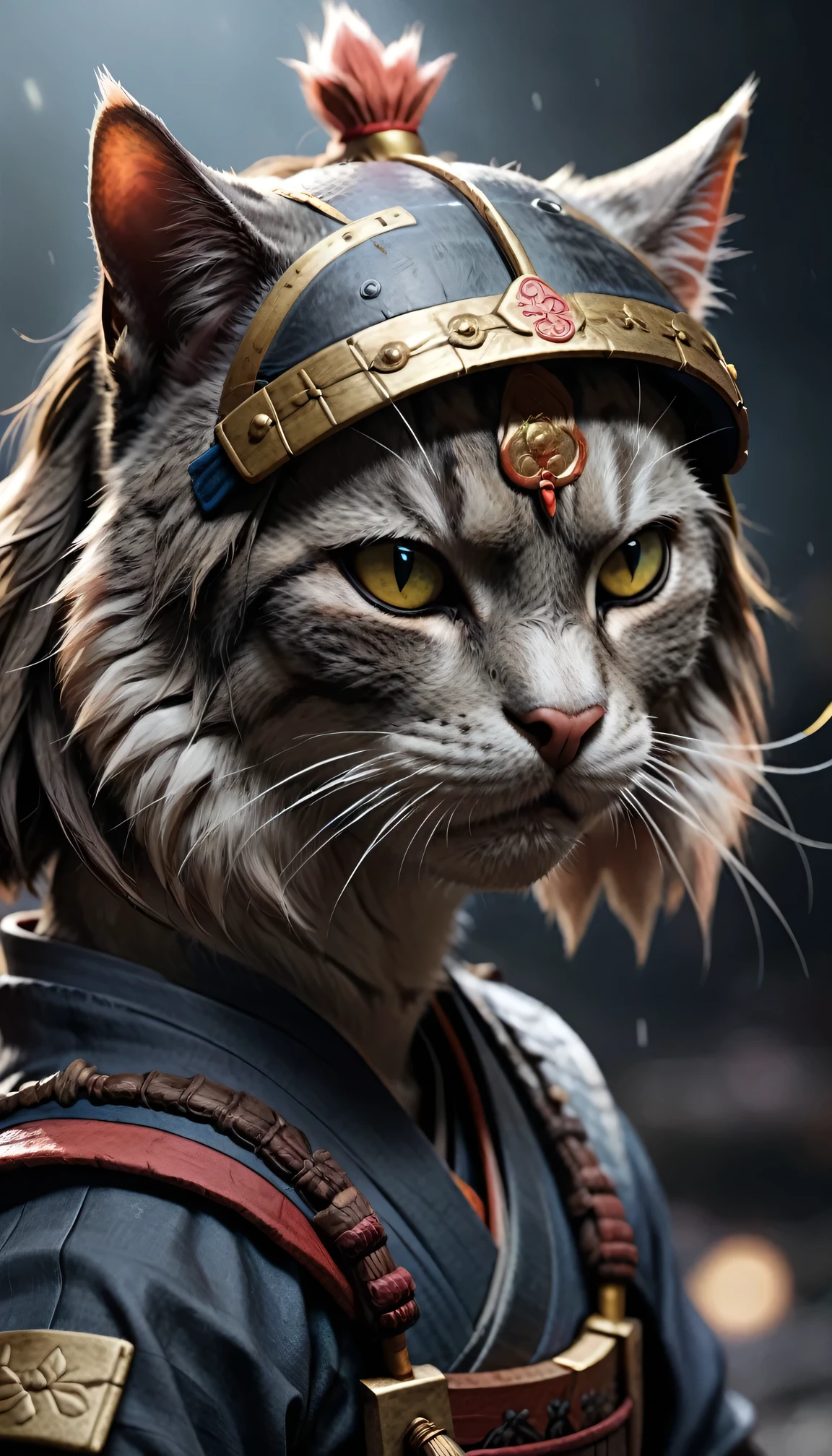 (Close-up Cinematic),Samurai Cat, battlefield, 2D, colorful, Dark atmosphere