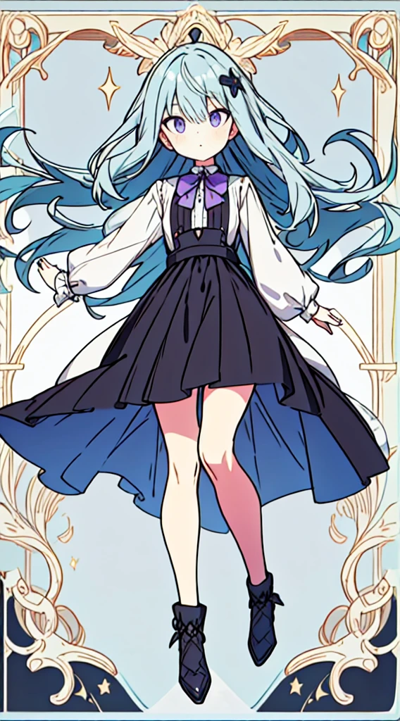 masuter piece, Best Quality,32K、Wallpaper, ultra -detail, Absurd beauty, 1Beautifulwoman、Big eyes with sparkly、Hair fluttering in the wind、:O、slender long legs、Smaller head、miscievous smile、Angle looking up from below:1.3、Angle from which you can see the whole body, hair color purple, full body
