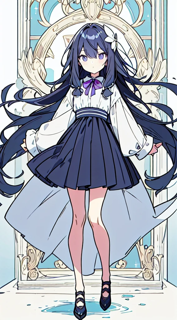 masuter piece, Best Quality,32K、Wallpaper, ultra -detail, Absurd beauty, 1Beautifulwoman、Big eyes with sparkly、Hair fluttering in the wind、:O、slender long legs、Smaller head、miscievous smile、Angle looking up from below:1.3、Angle from which you can see the whole body, hair color purple, full body