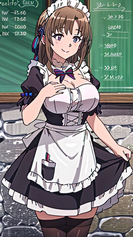 your mother, 1 Girl, Solitary, Large Breasts(((Full and soft breasts,)) (((Cleavage))) (Perfect curvy figure), Smile, French maid outfit, Ruffles, apron, High Leg Raise, perfect quality, high quality, masterpiece, Human Development Report, Ultra HD 