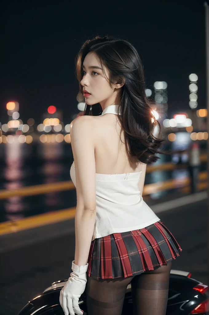 (((best quality))),(((ultra detailed))),(((masterpiece))),illustration,(1 beautiful girl,solo),((slim,thin)),((strapless,shoulder off,bare back,towering hips,butt crack)),(safety helmet:1.3),shoulder length straight bob hair,slender legs,cyberpunk, urban street,high school student, JK outfit,(riding on a motorcycle:1.3), sleek, (white collared short-sleeved shirt:1.3),(gloves:1.2),(red checkered pleated skirt:1.3),(pantyhose:1.3), stylish boots, confidence, determination, dark streets,neon lights, skyscrapers, urban noises, traffic, sirens, city sounds, futuristic, dystopian society, technology, fashion, explosive cocktail, style, , modernity, attitude, spirit, anything is possible,((from back,upper body))