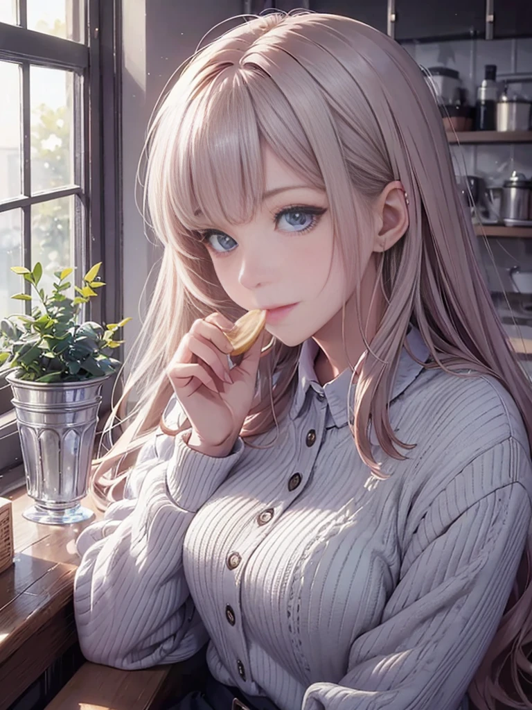 beautiful young woman, anime style, detailed face, wearing casual clothes, sitting at a table, eating a delicious snack, cheerful expression, cozy kitchen, warm afternoon light, detailed background with kitchen elements, high detail, 8k resolution, cinematic lighting, best quality, realistic food textures, gentle shadows, pastel color palette, Instagrammable, cute and relaxed, aesthetic, warm and inviting atmosphere