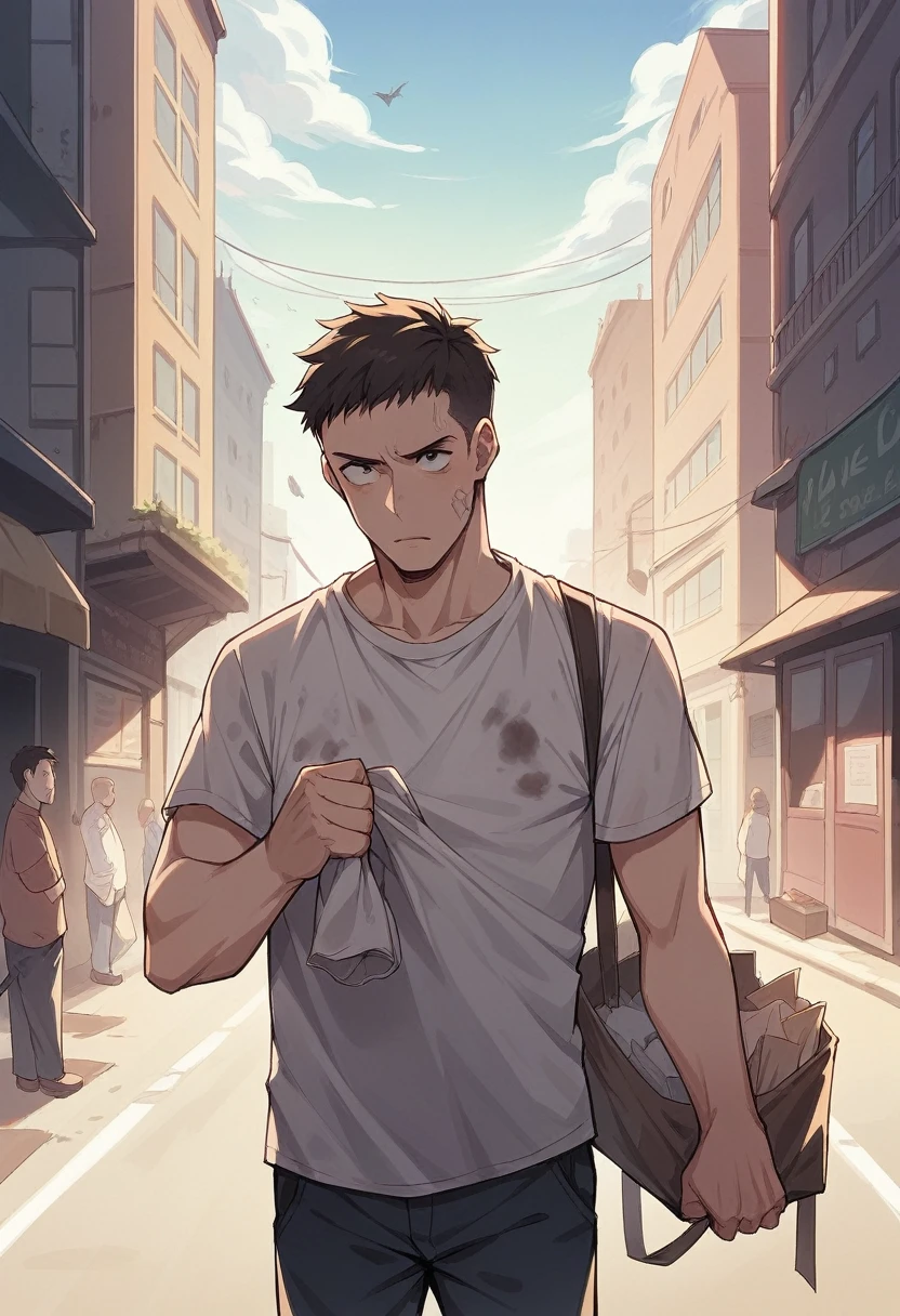 A 12-13-year-old boy in a dirty shirt is looking up at the sky, holding a load of newspapers in his arms. In front of him are tall buildings, and the shadow of a gentleman on the street.The picture will be taken from the back of the boy, no face of the boy will be seen in the picture