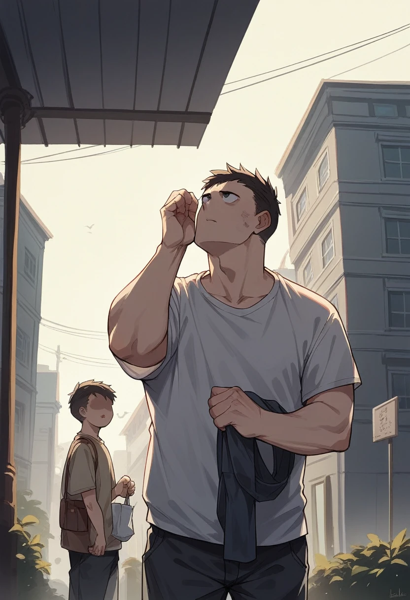 A 12-13-year-old boy in a dirty shirt is looking up at the sky, holding a load of newspapers in his arms. In front of him are tall buildings, and the shadow of a gentleman on the street.The picture will be taken from the back of the boy, no face of the boy will be seen in the picture