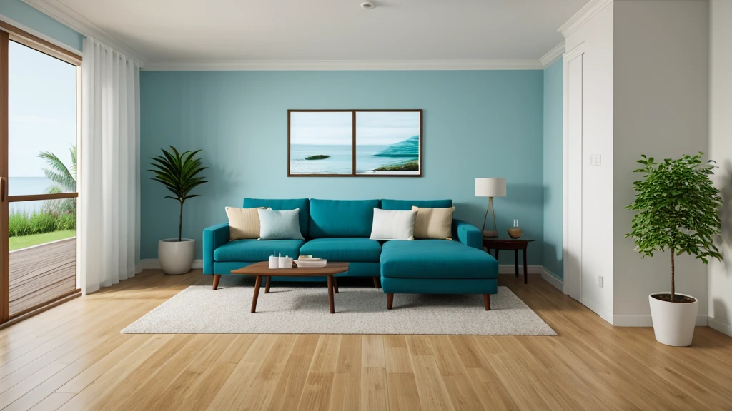 Home mockup, Coastal living room interior background, 3d render