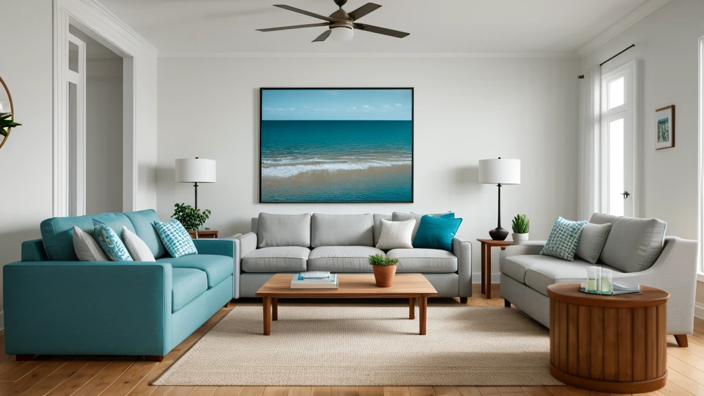 Home mockup, Coastal living room interior background, 3d render