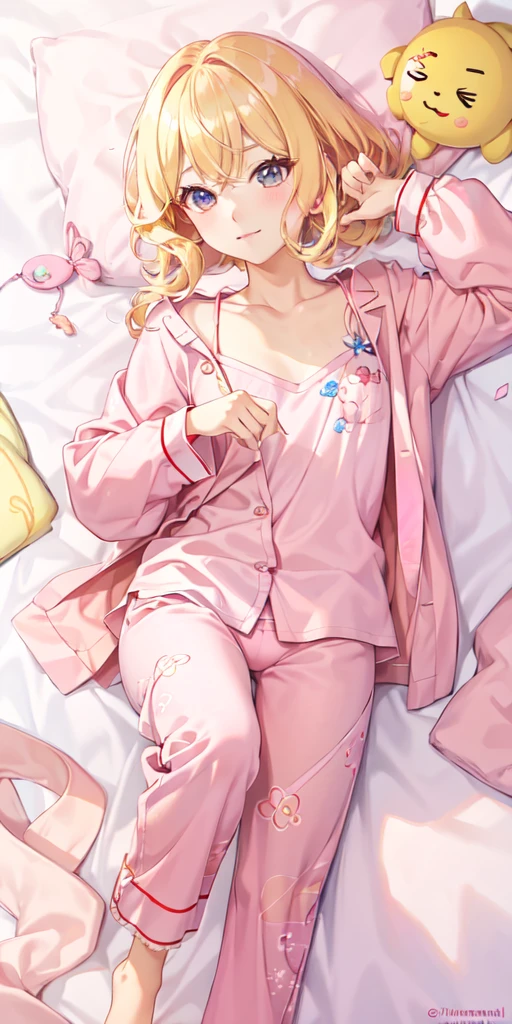 You can make an anime character with blonde hair and eyelashes and pink pajamas by cinammorrolll