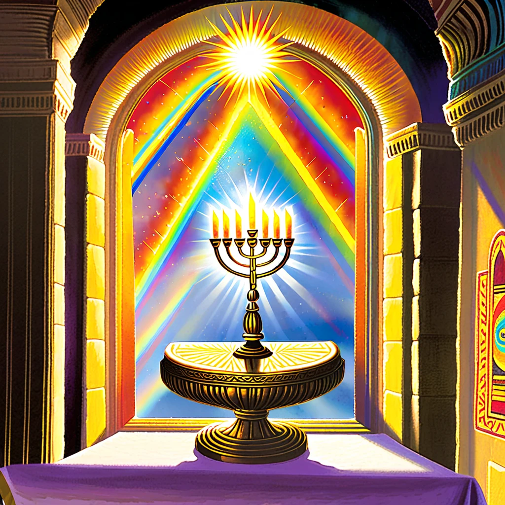 a close up of a window with a menorah and a sun, window at the center, displayed on an altar, symbolic mural, official artwork, the sun reflecting on a window, tim hildebrant, still of rainbow ophanim, biblical art lighting, bright light masterpiece, middle of the day, by Tom Wänerstrand, in the center of the image