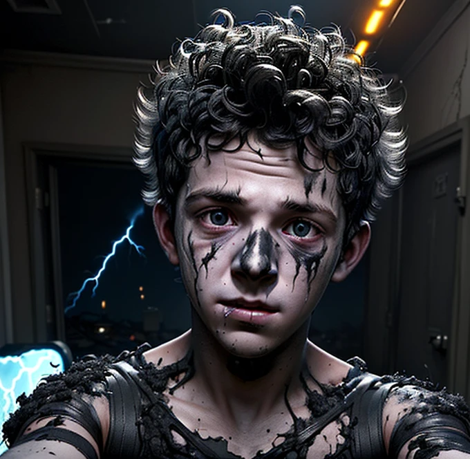 A selfie of a boy electrocuted in a comedy movie, covered in soot and left in tatters after being struck by lightning