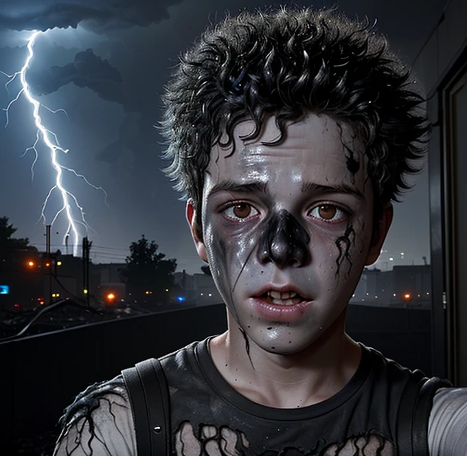 A selfie of a boy electrocuted in a comedy movie, covered in soot and left in tatters after being struck by lightning