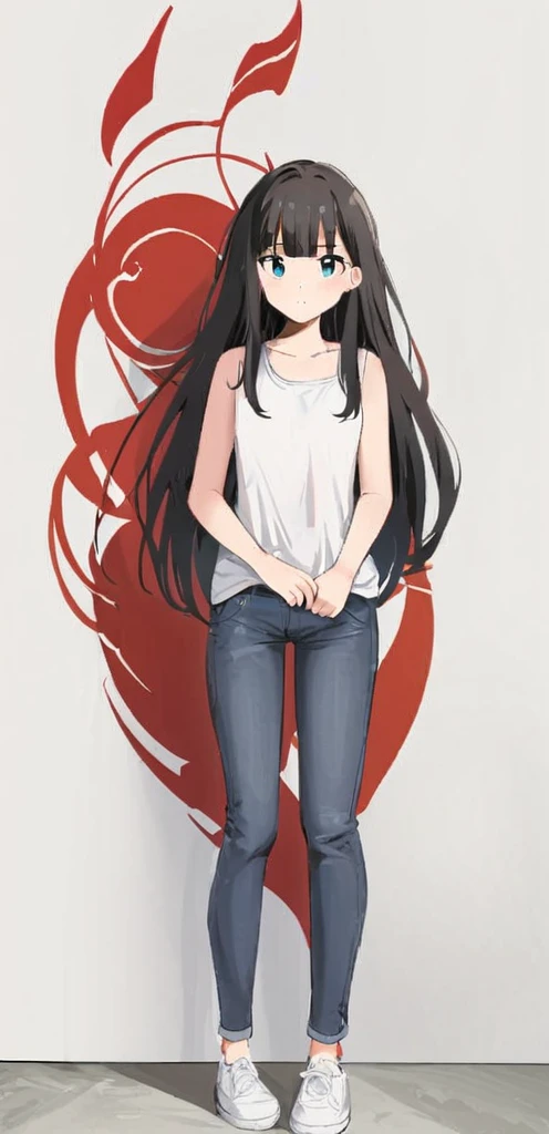 (work of art, best qualityer:1.2), 1 girl, standing alone,standing_to divide,
long hair, White sleeveless tank top,shorts jeans azul